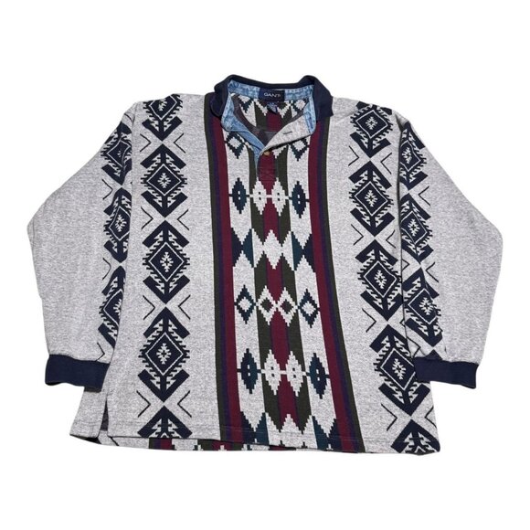 Vintage 90s Gant Aztec Printed Collared 1/4 Button Sweatshirt Adult Large - Picture 1 of 5